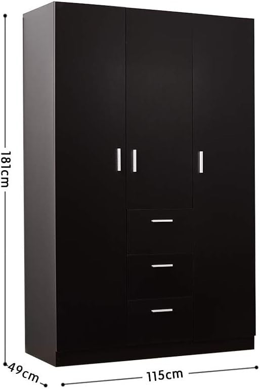 Black 3 Door Wardrobe with 3 Drawers Solid Pine Wood Bedroom Storage Unit