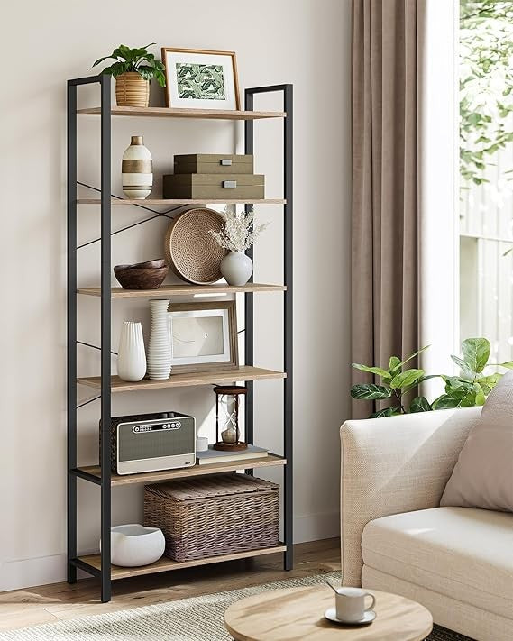 6 Tier Industrial Bookshelf Tall Storage Unit Metal Frame 30×80×186cm Shelving