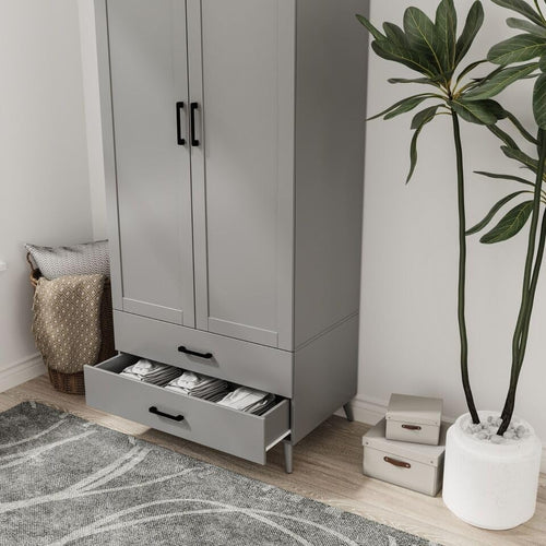 Modern Black Grey Wardrobe 2 Door 2 Drawer Bedroom Storage Cupboard Unit