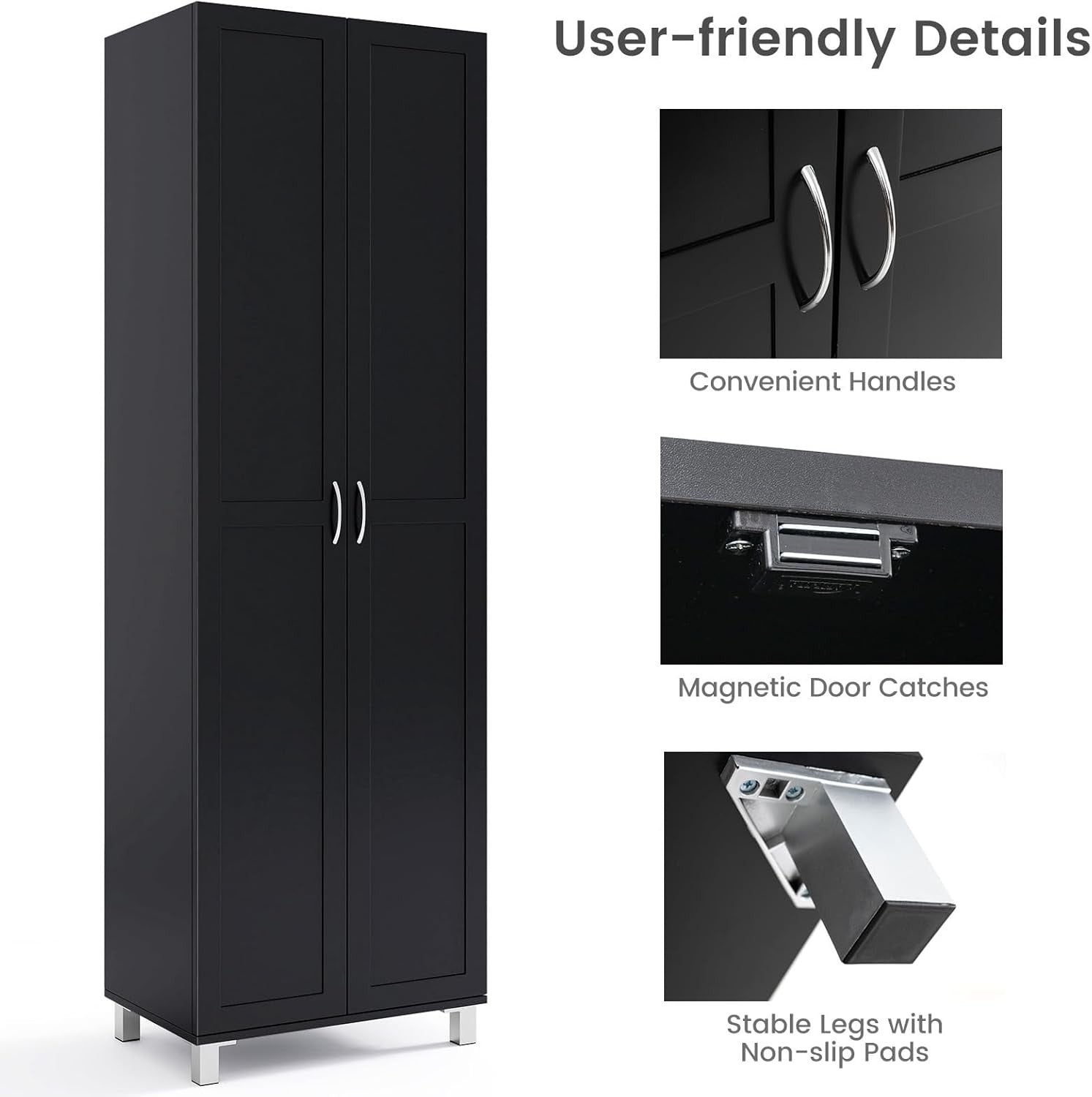Tall Black Storage Cabinet 2 Door Cupboard | Adjustable Shelves Freestanding Uni