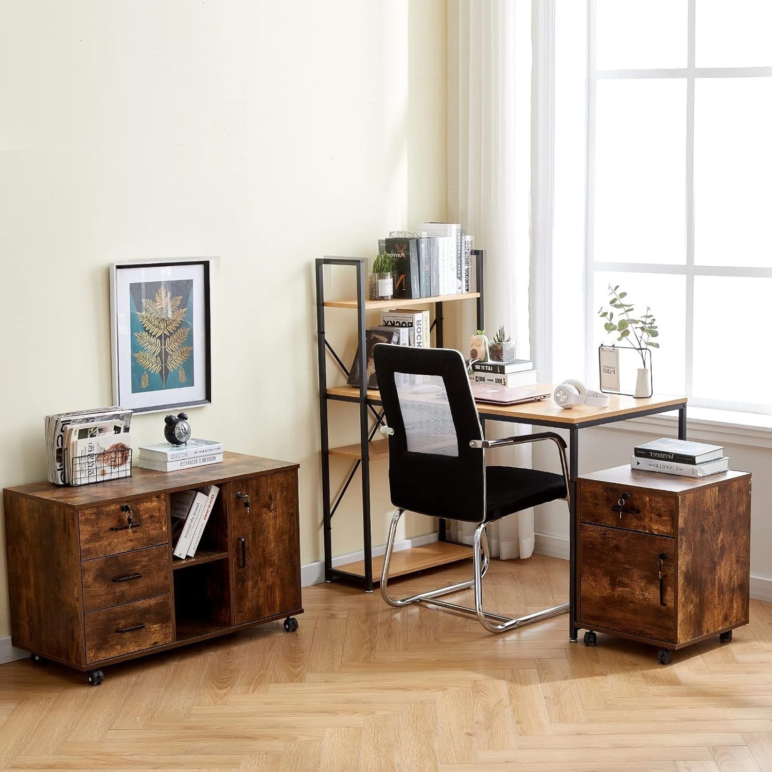 Rustic Brown Mobile File Cabinet Set 40cm Lockable Under Desk