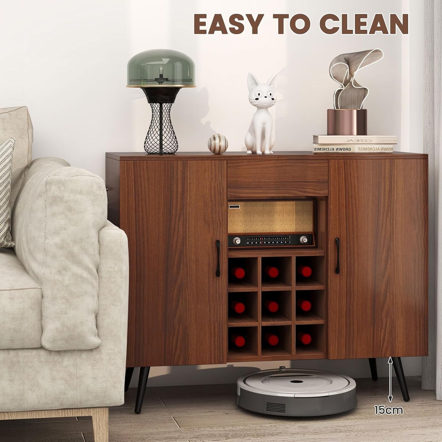 Mid Century Wine Sideboard Cabinet with 9 Bottle Rack & Storage Shelves Walnut