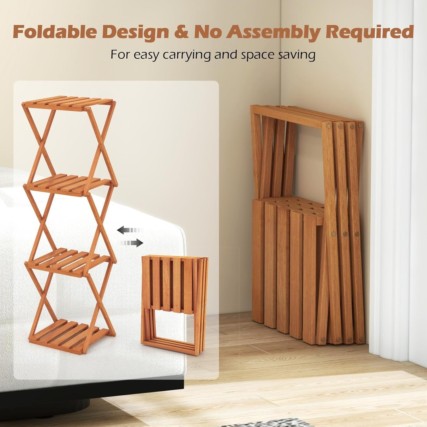 4-Tier Folding Plant Stand Tall Wooden Indoor Outdoor Corner Shelf Rack