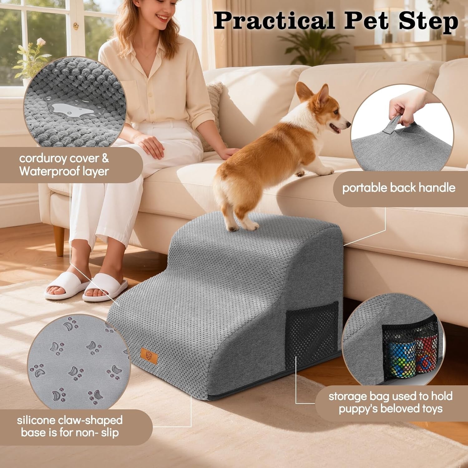2 Step Dog Ramp for Sofa Bed Non Slip Washable Grey 40x40x30cm