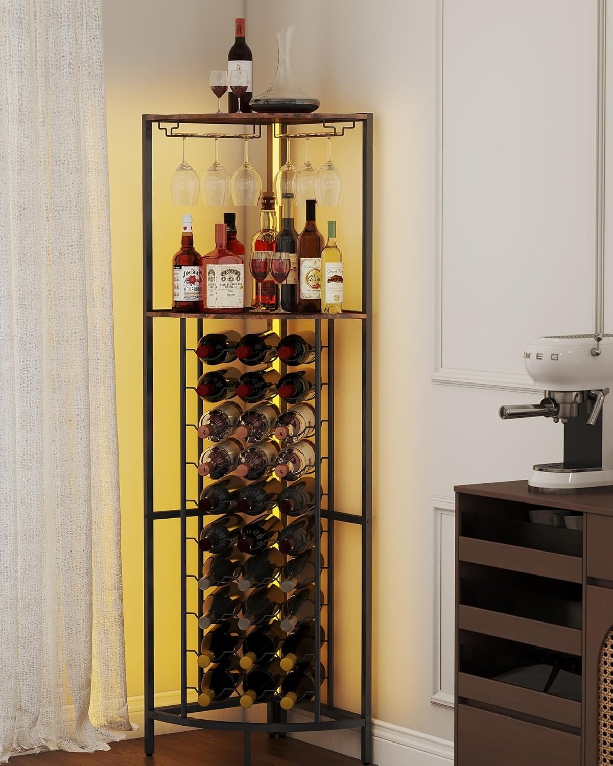 Corner Wine Rack Cabinet with LED Lights, 30 Bottle Storage & Glass Holder Bar
