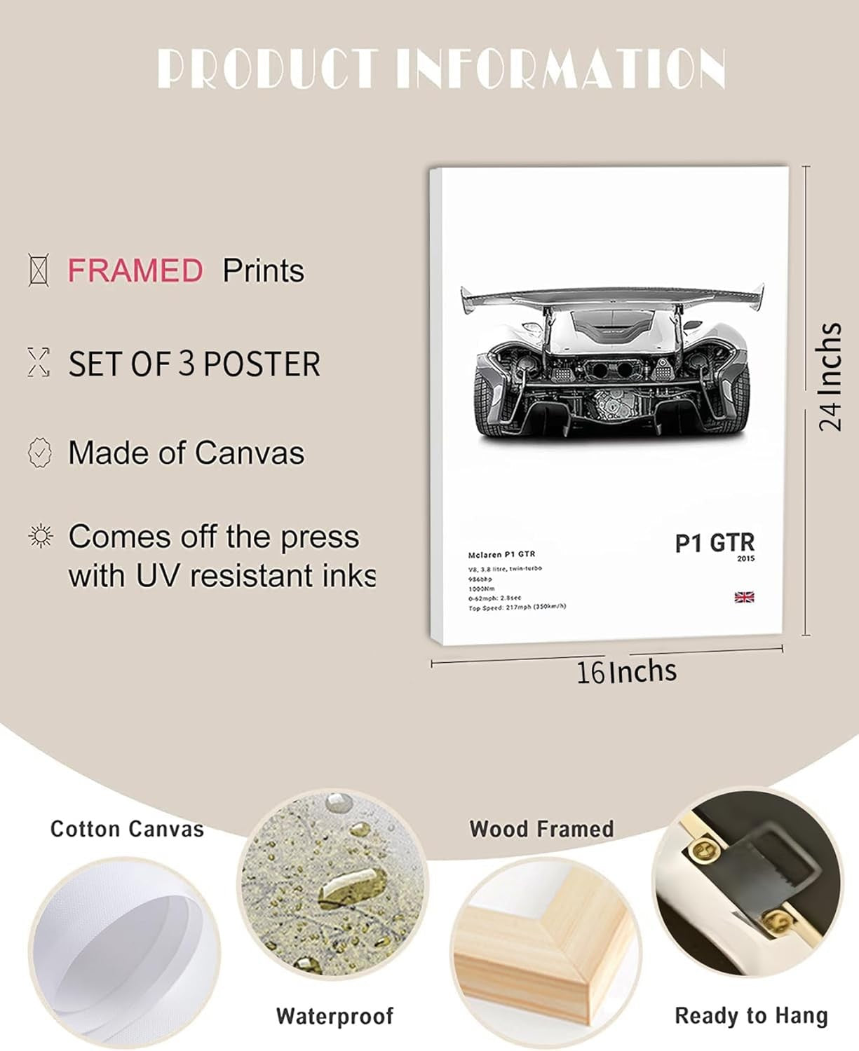 Black White Supercar Canvas Wall Art 3Pcs 16x24in Framed