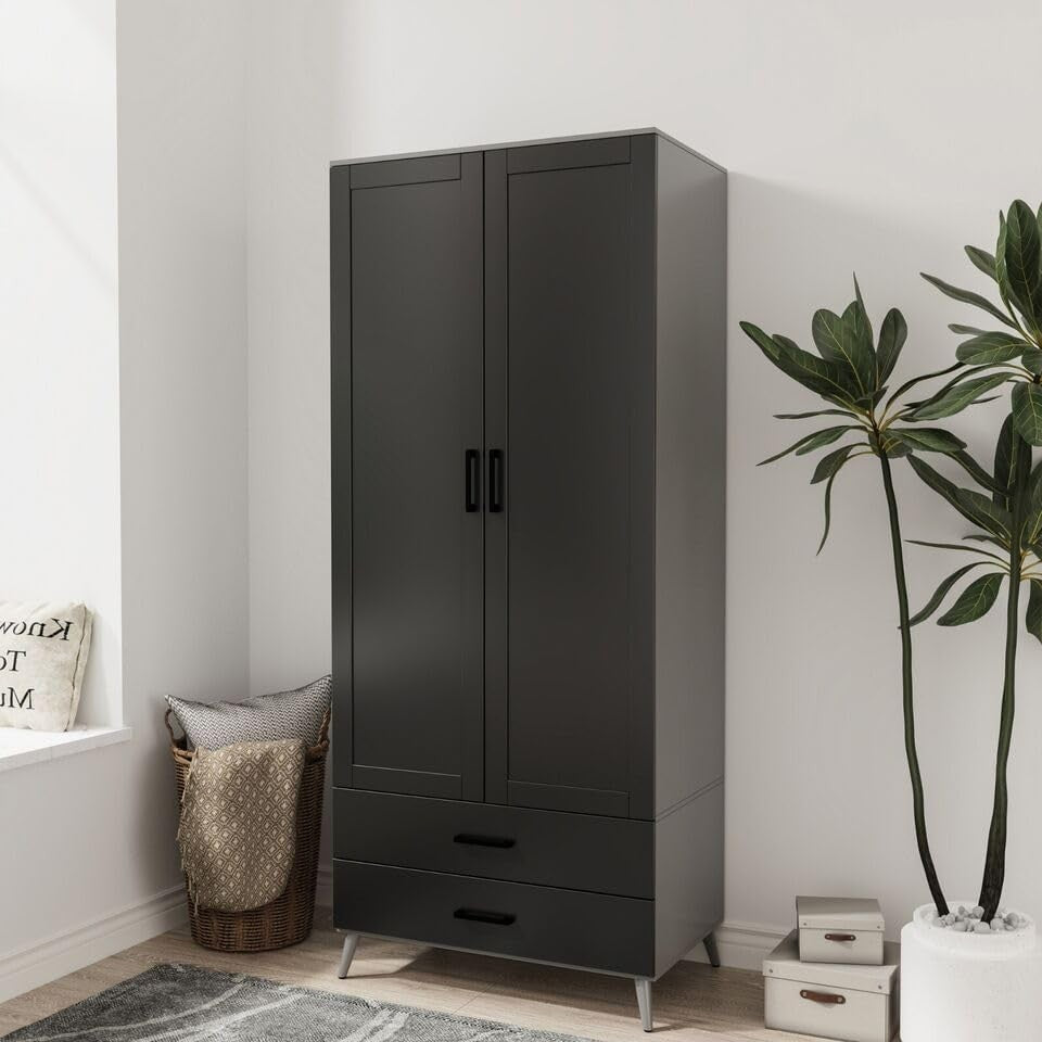Modern Grey 2 Door Wardrobe with 2 Drawers – Space-Saving Bedroom Storage