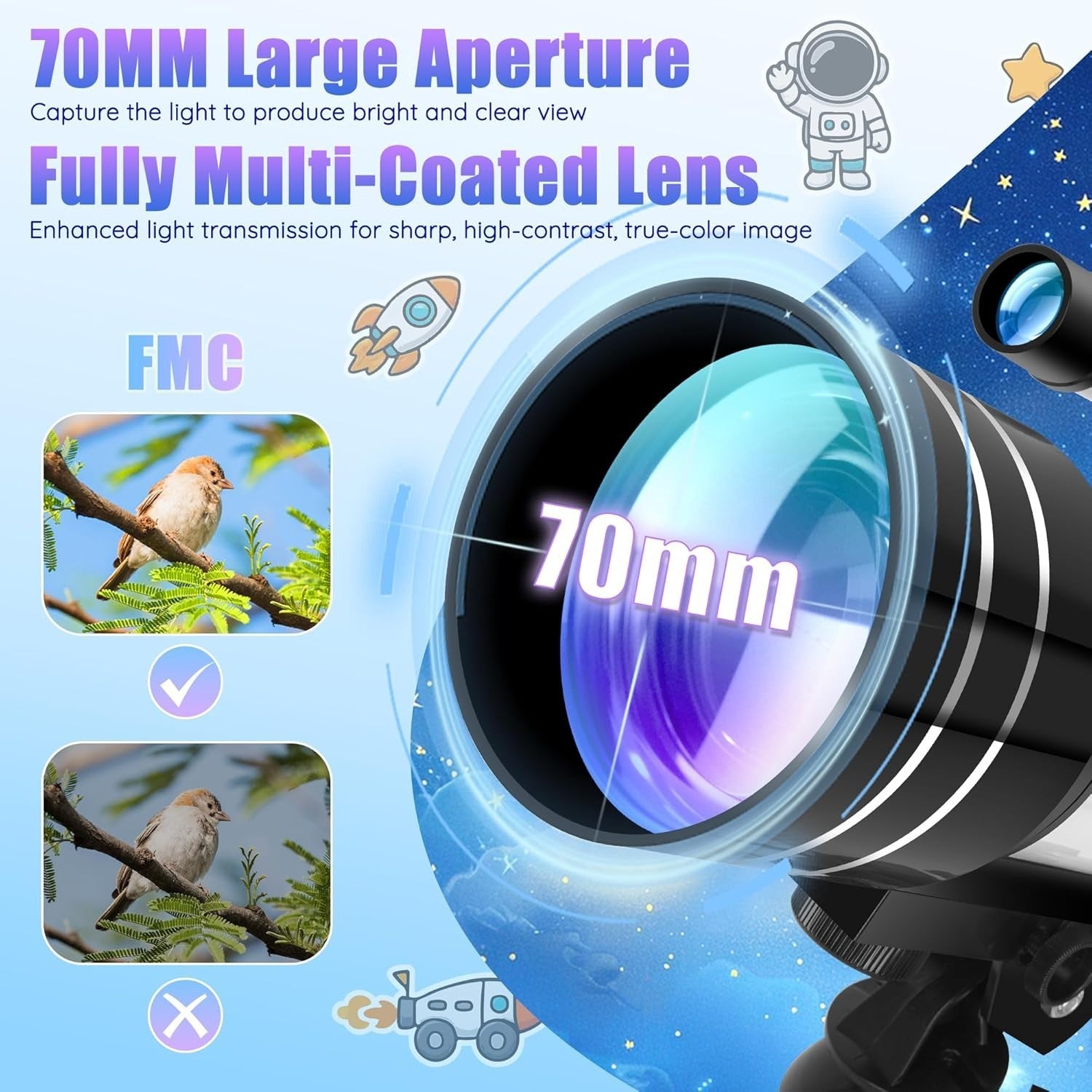 70mm Refractor Telescope 15X–150X for Kids & Adults - White
