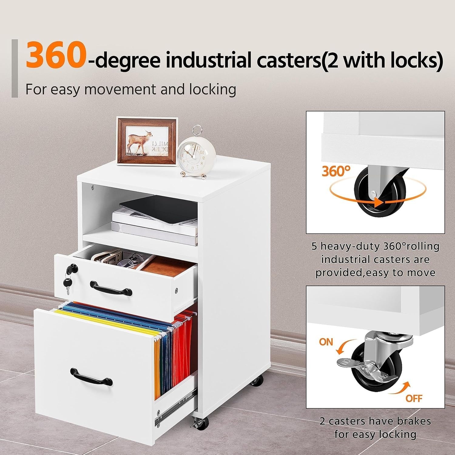 White Rolling File Cabinet 2 Drawer A4 Letter Printer Stand