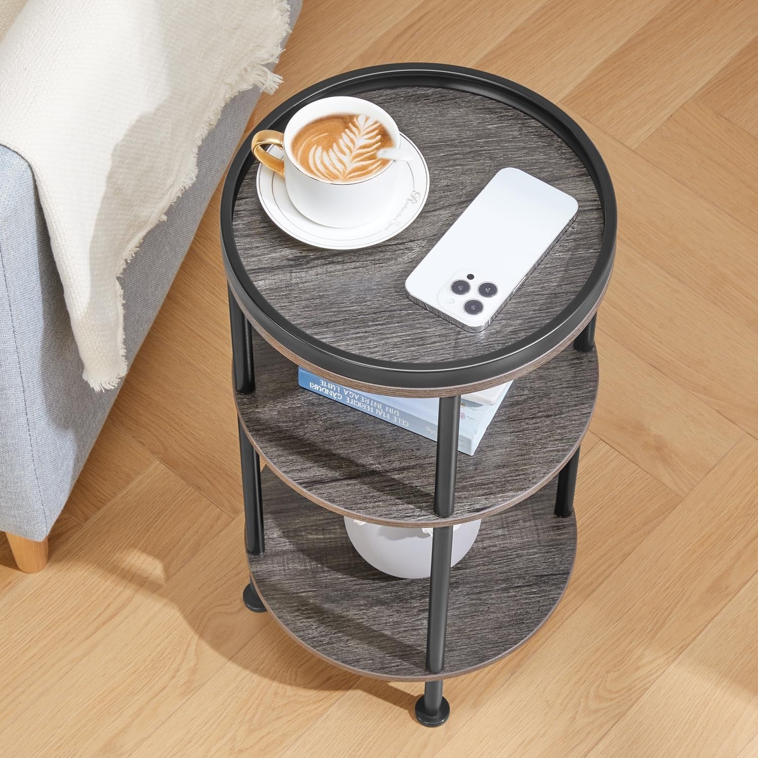 3 Tier Round Side Table with Storage Shelf Metal Frame Small Space Grey 30x55