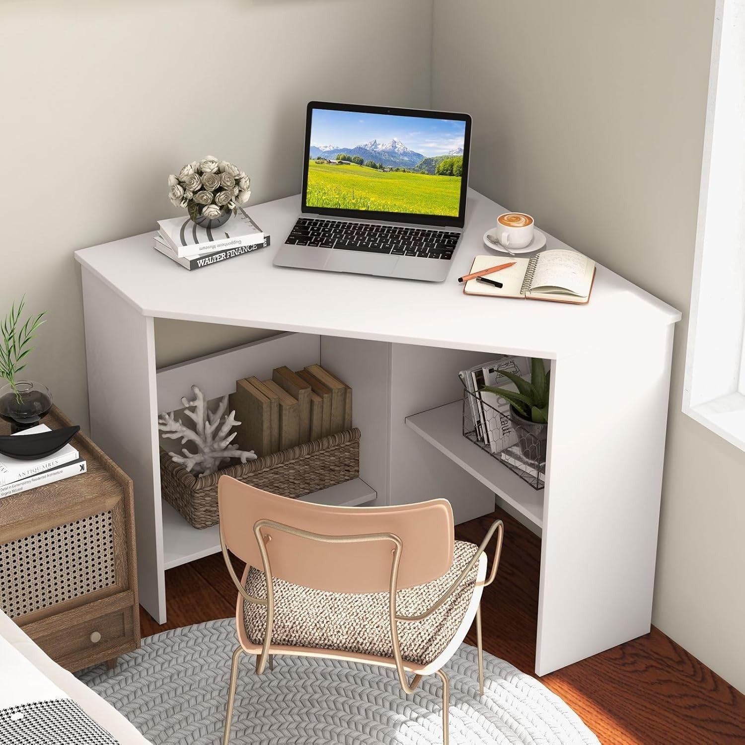 White Corner Computer Desk 120cm with Shelves, Compact 90° Study Table