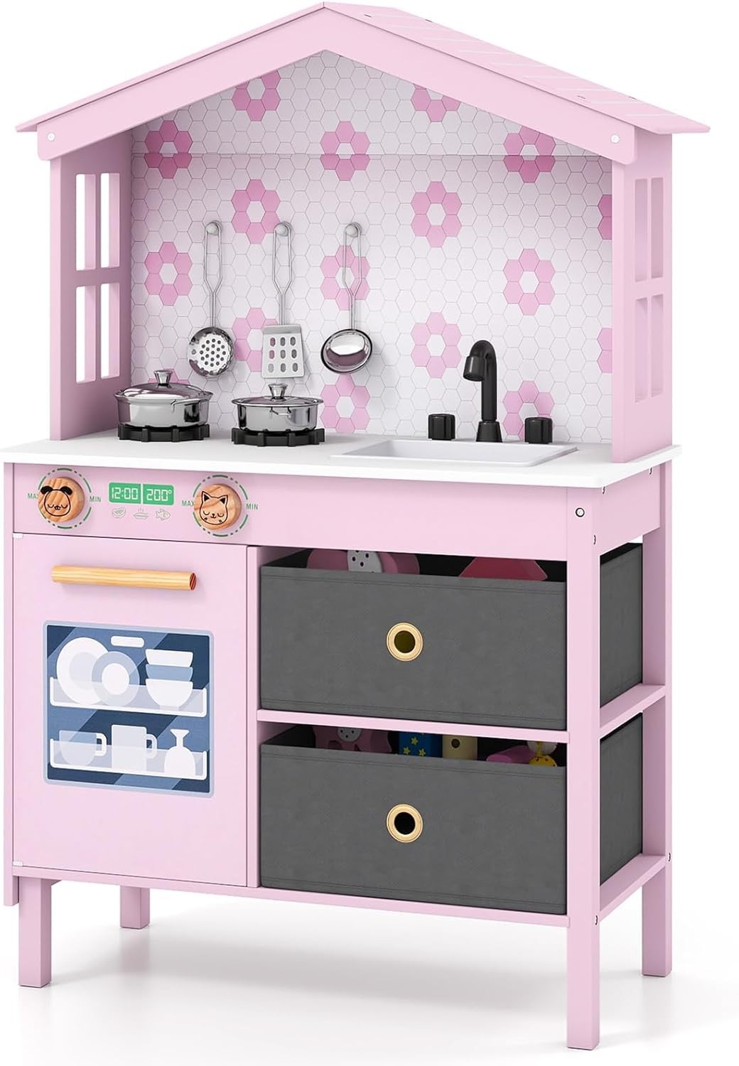 Wooden Kids Play Kitchen Pink Toy Set Sink Dishwasher Storage Stove