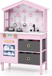 Wooden Kids Play Kitchen Pink Toy Set Sink Dishwasher Storage Stove