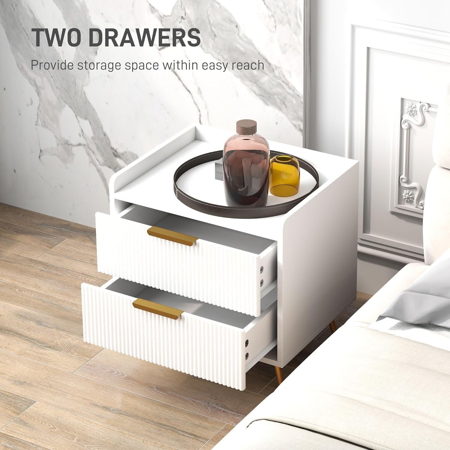 Modern White Bedside Table with 2 Drawers & Gold Metal Legs | Elegant Nightstand
