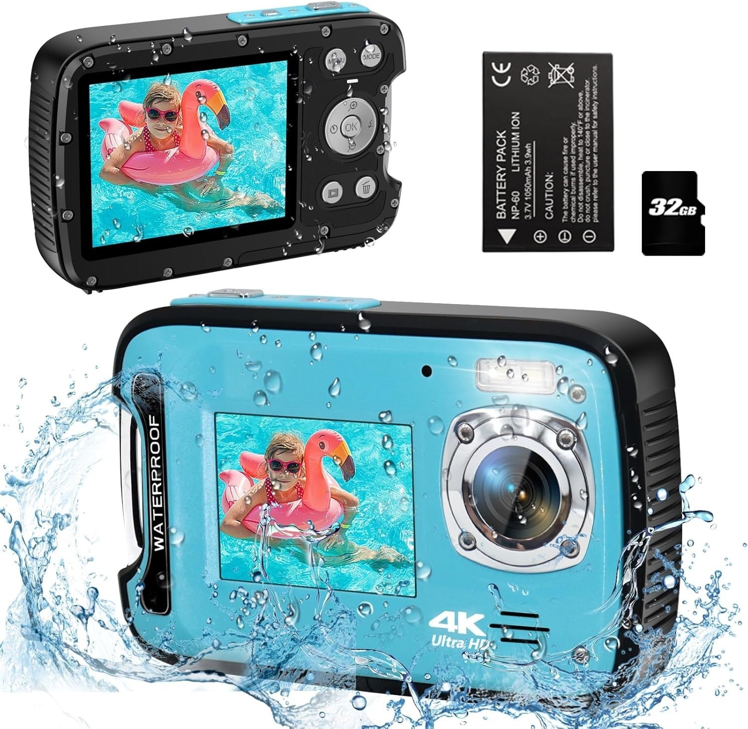4K Waterproof Camera 48MP Dual Screen Snorkeling Camera 32GB