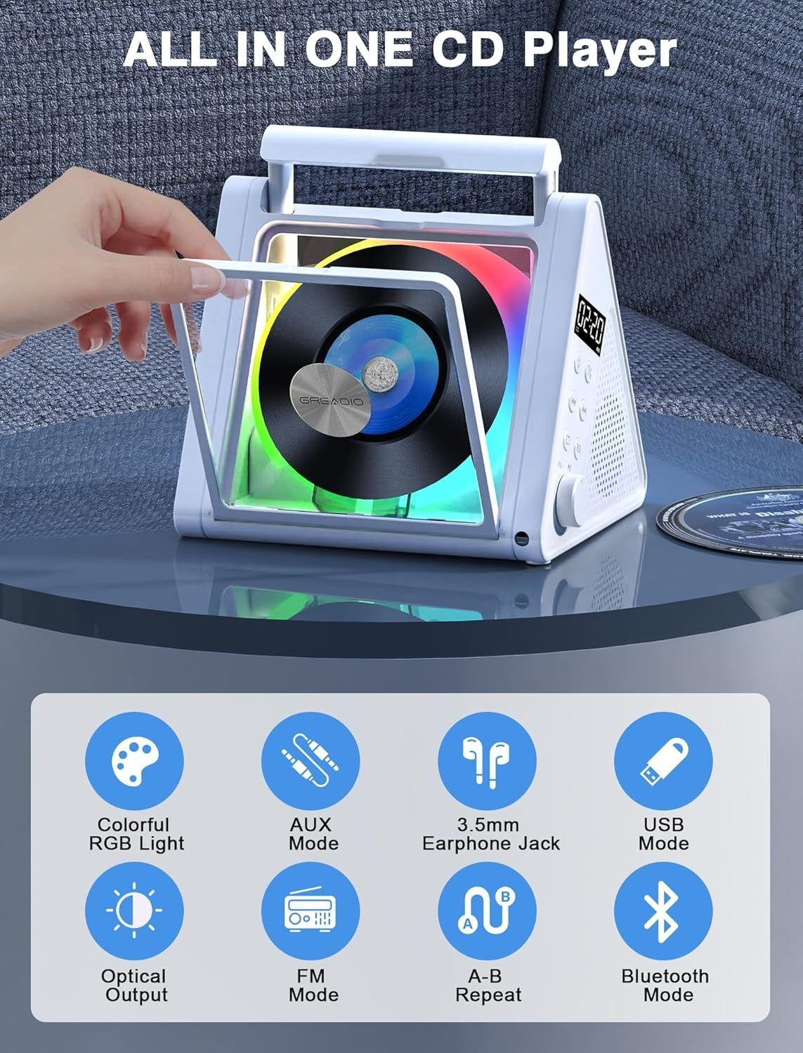 Rechargeable Bluetooth CD Player 20W HiFi FM Radio USB AUX RGB White