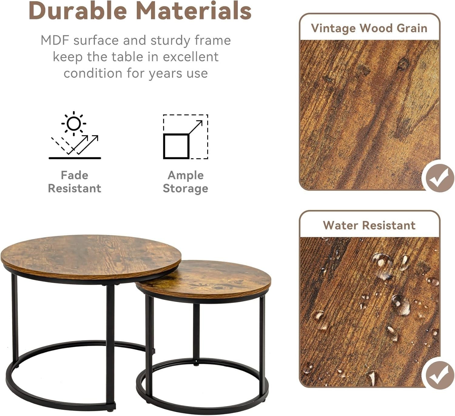 Nesting Coffee Table Set 2 Round Wood Metal Side Tables Living Room Brown