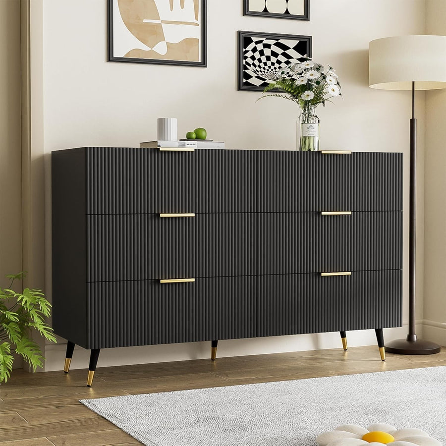 Black Sideboard Cabinet 6 Drawers Gold Handles Modern Storage Unit