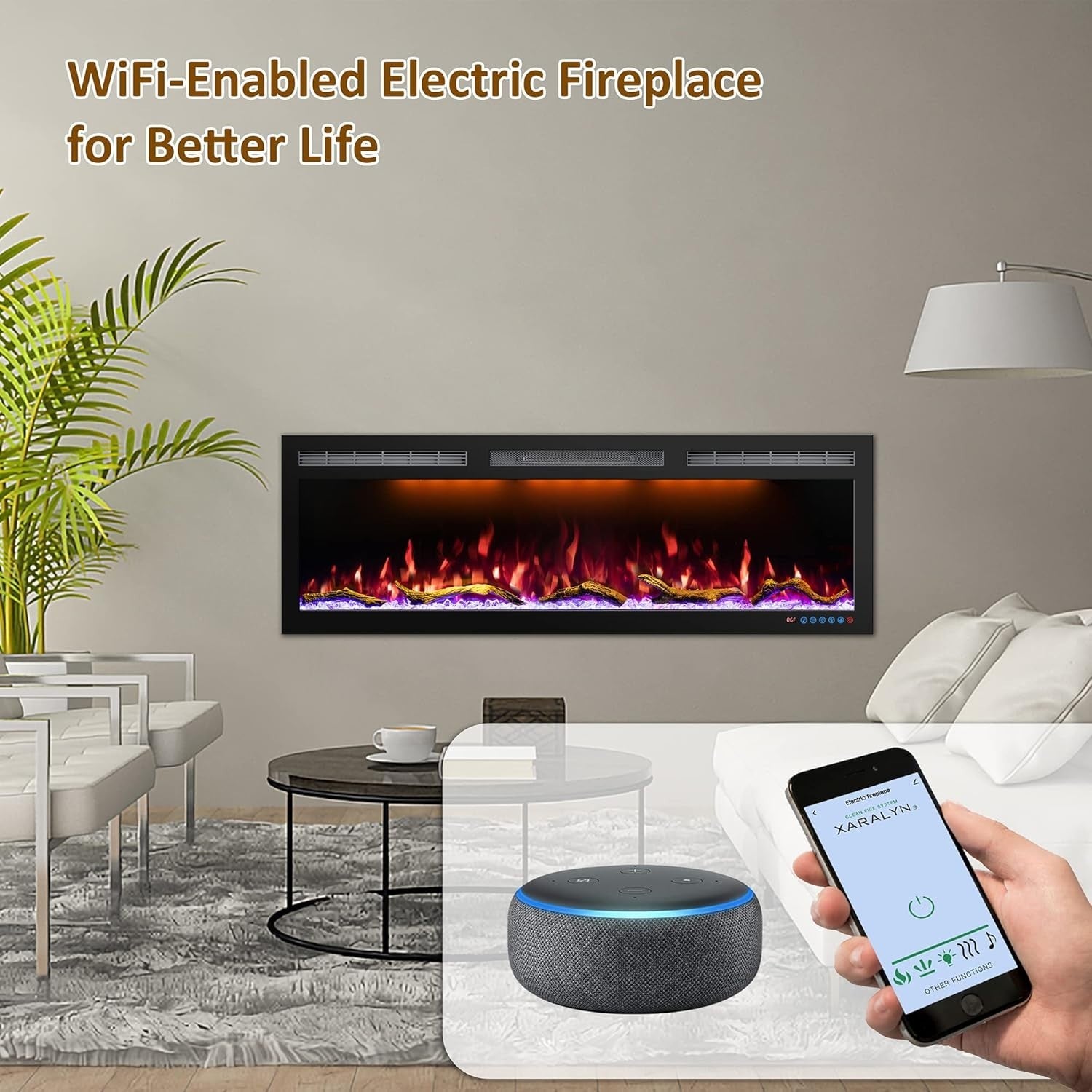 183cm Electric Wall-Mount Fireplace with Thermostat, 6 Flame Colors, WiFi