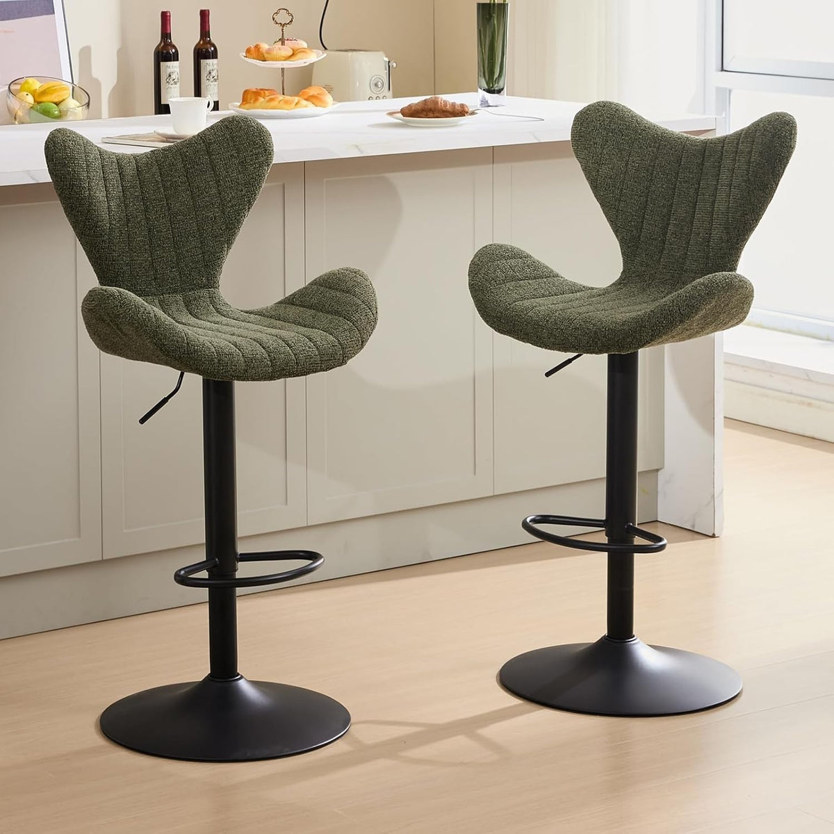 Green Wing-Back Bar Stools Set of 2 | Polyester Seat, Swivel & Adjustable
