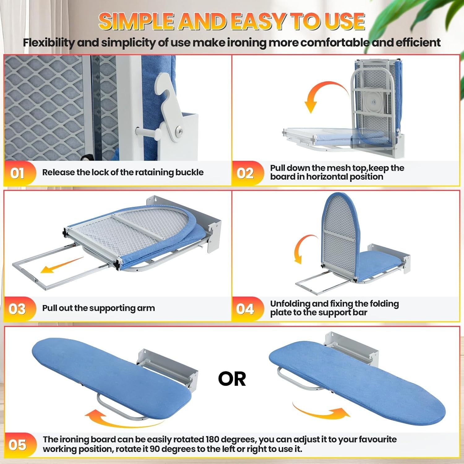 Wall Mounted Folding Ironing Board 180° Rotating Heat Resistant Cover