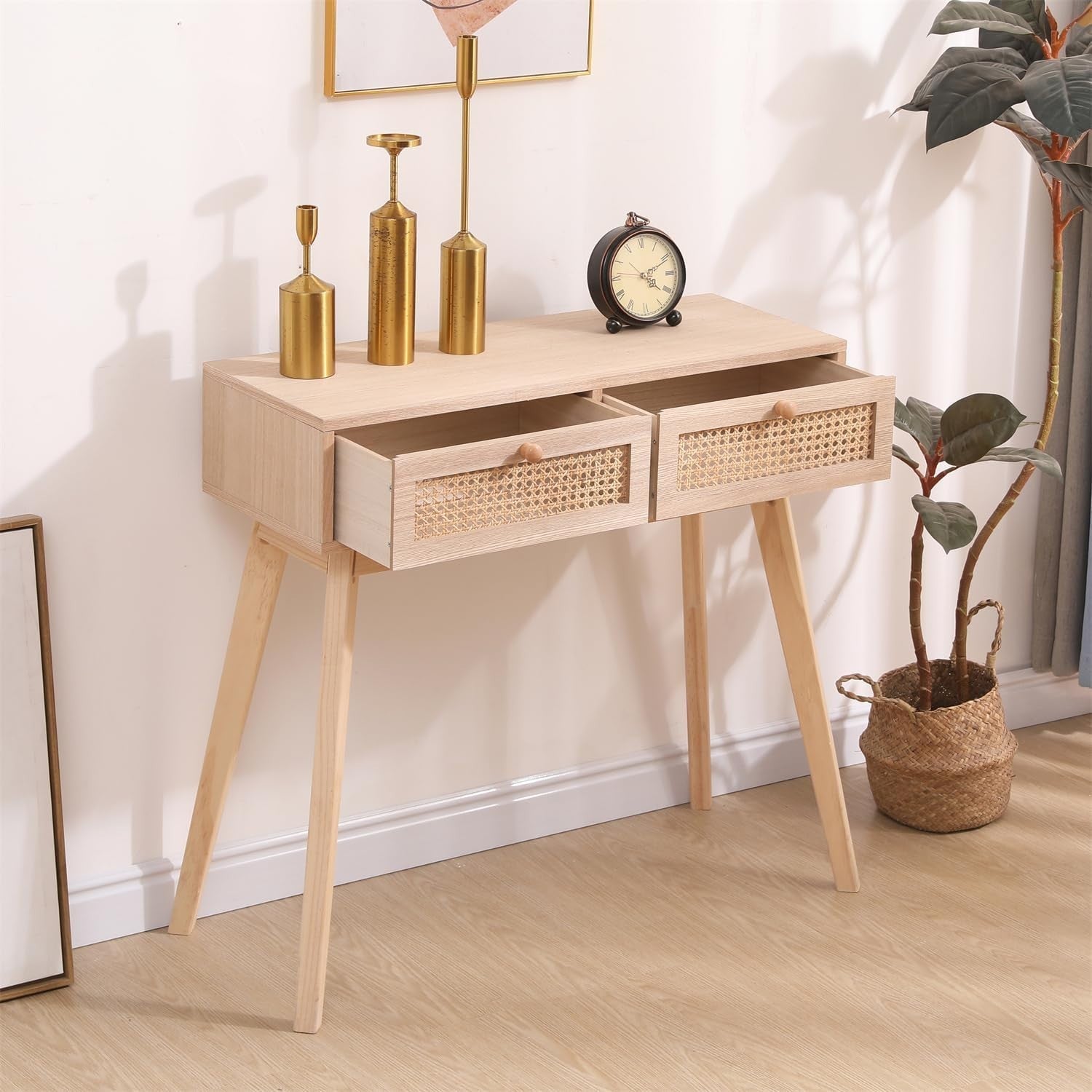 Stylish 2-Drawer Rattan Console Table 90cm Wide for Hallway & Bedroom