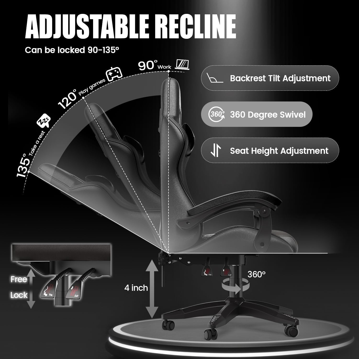 Ergonomic Gaming Chair Reclining Swivel Office Desk Seat Black