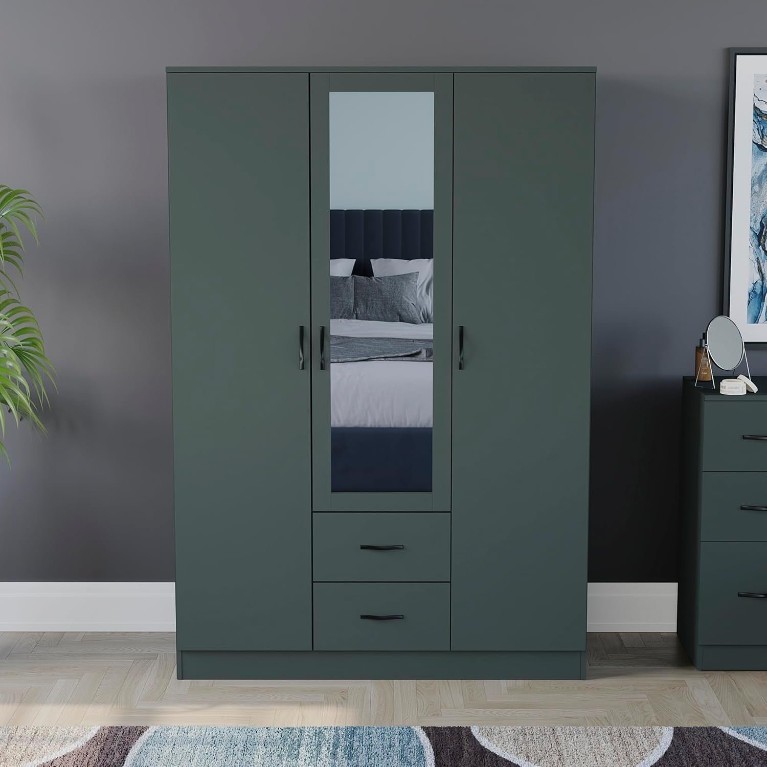3 Door Mirrored Wardrobe with Hanging Rail & Adjustable Shelf Storage