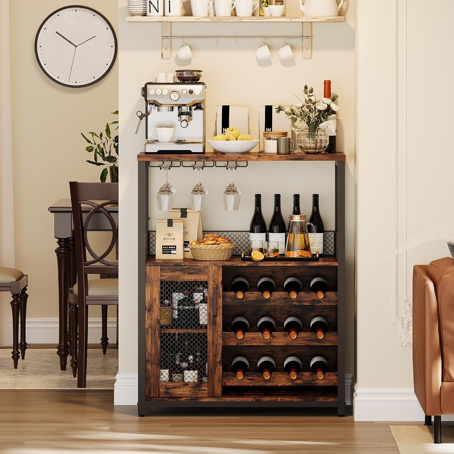 Rustic Industrial Wine Bar Cabinet with LED Light, Glass Holder & 12-Bottle Rack