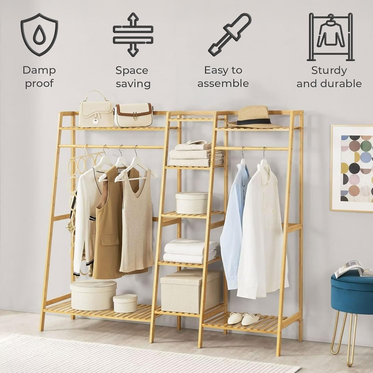 Bamboo Clothes Rack Freestanding Coat Rail with Shelf for Bedroom