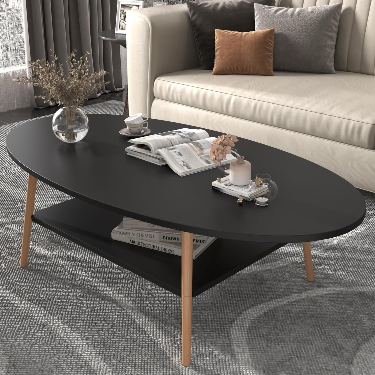 Black 2-Tier Oval Coffee Table 120x60x42cm Modern Storage Wood Frame