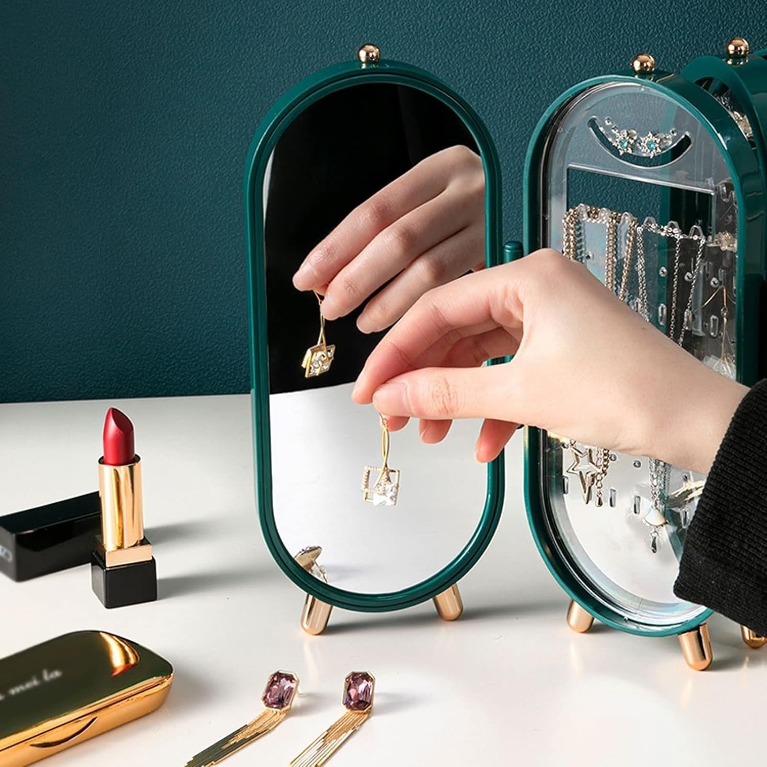 Travel Jewelry Box Organizer with Mirror Folding Case for Rings Earrings