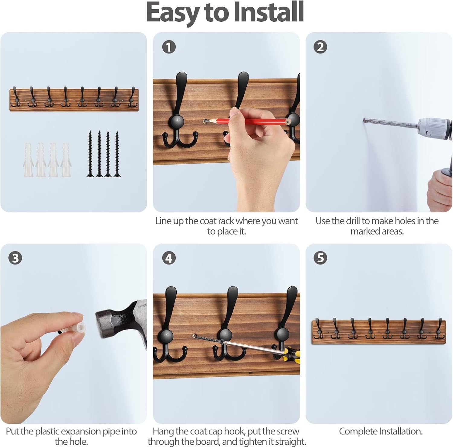 Wooden Wall Mounted Coat Rack | 8 Hook Heavy Duty Hallway Hanger Organizer