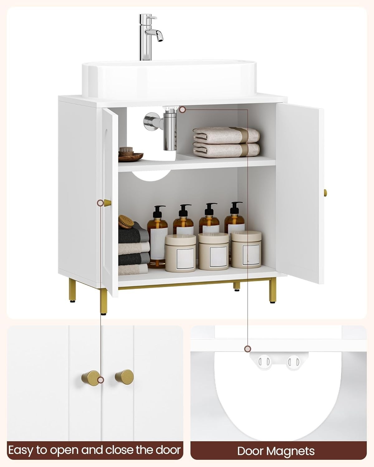 Luxury White Under Sink Cabinet with Shelf & Gold Legs – Bathroom Storage 63cm