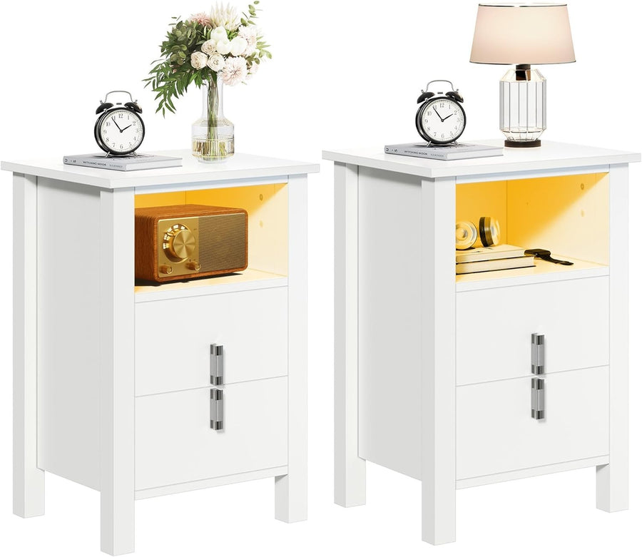 Set of 2 White LED Bedside Tables with 2 Drawers | Smart Nightstands