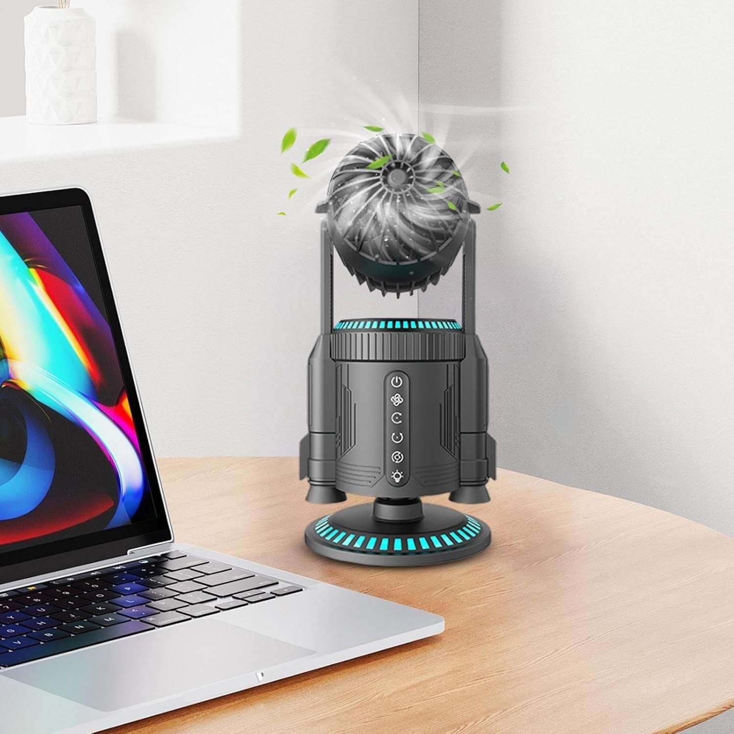 Rocket-Shape Desk Fan – Quiet 5000RPM Air Circulator LED Light Adjustable Grey