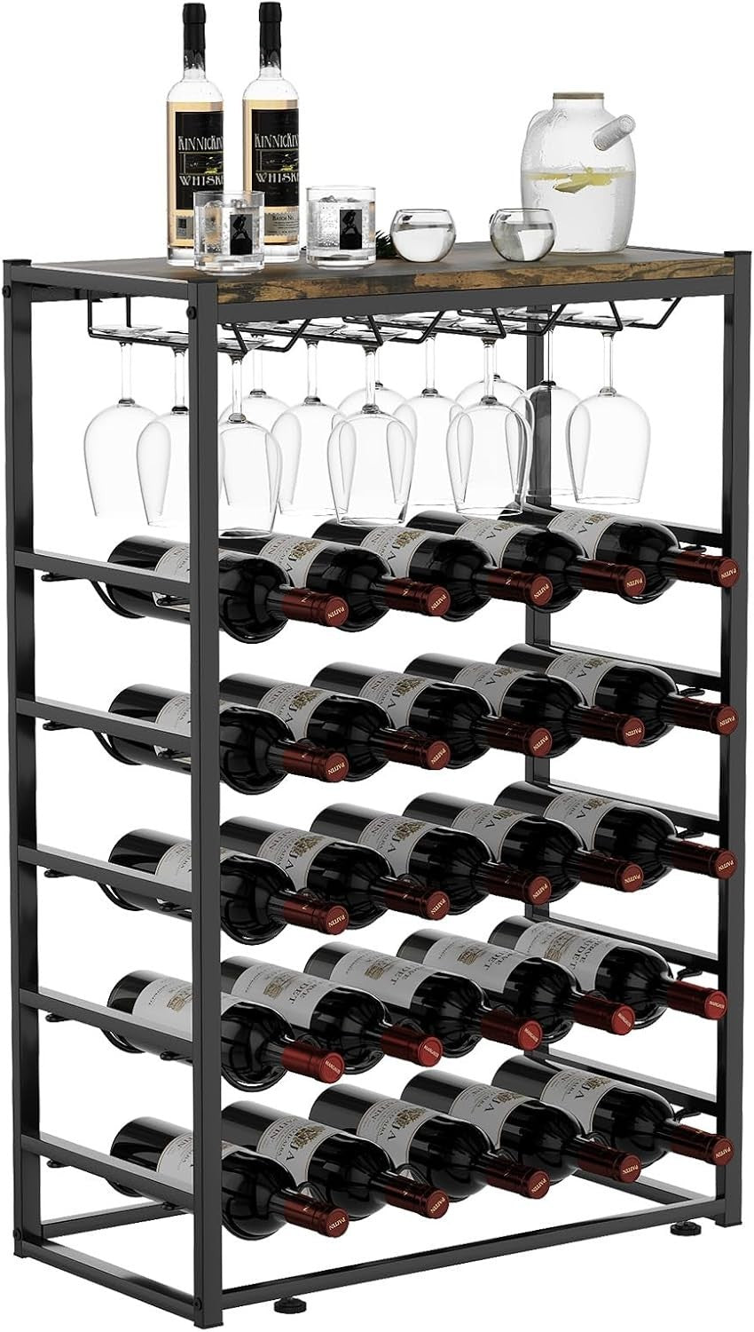 5-Tier Wine Rack Stand for 25 Bottles & 12 Glasses with Wooden Top – Metal