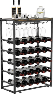 5-Tier Wine Rack Stand for 25 Bottles & 12 Glasses with Wooden Top – Metal
