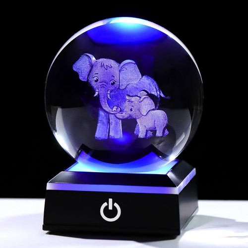 3D Crystal Elephant LED Globe 8cm Light Up Ornament Gift for Mum Family Decor