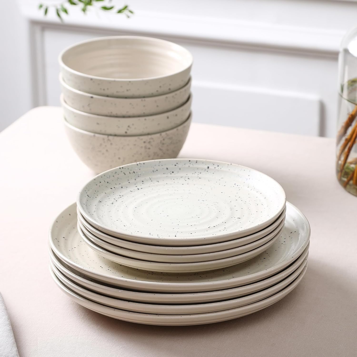 24pc Stoneware Dinner Set White Plates Bowls Microwave Dishwasher Safe