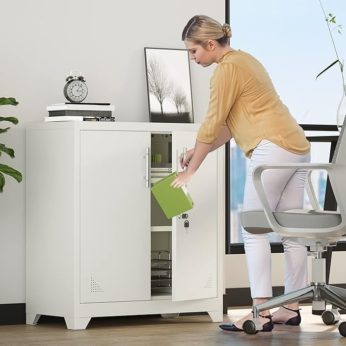 White Metal Office Storage Cabinet 2 Door Lockable Cupboard with Adjustable