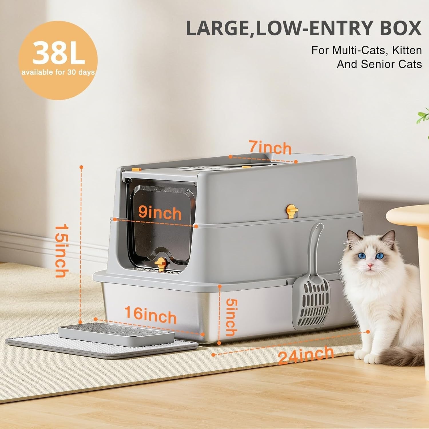 XL Stainless Steel Cat Litter Box Front Top Entry High Sided Grey
