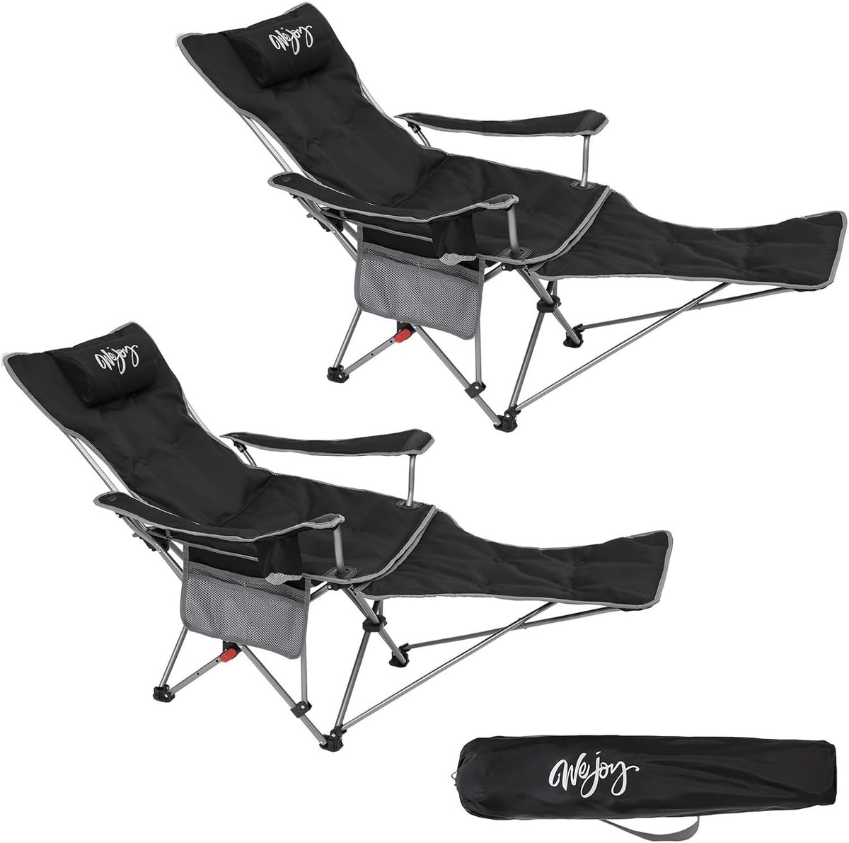 2x Padded Reclining Folding Camping Chairs Footrest Cup Holder Black