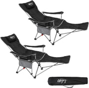 2x Padded Reclining Folding Camping Chairs Footrest Cup Holder Black