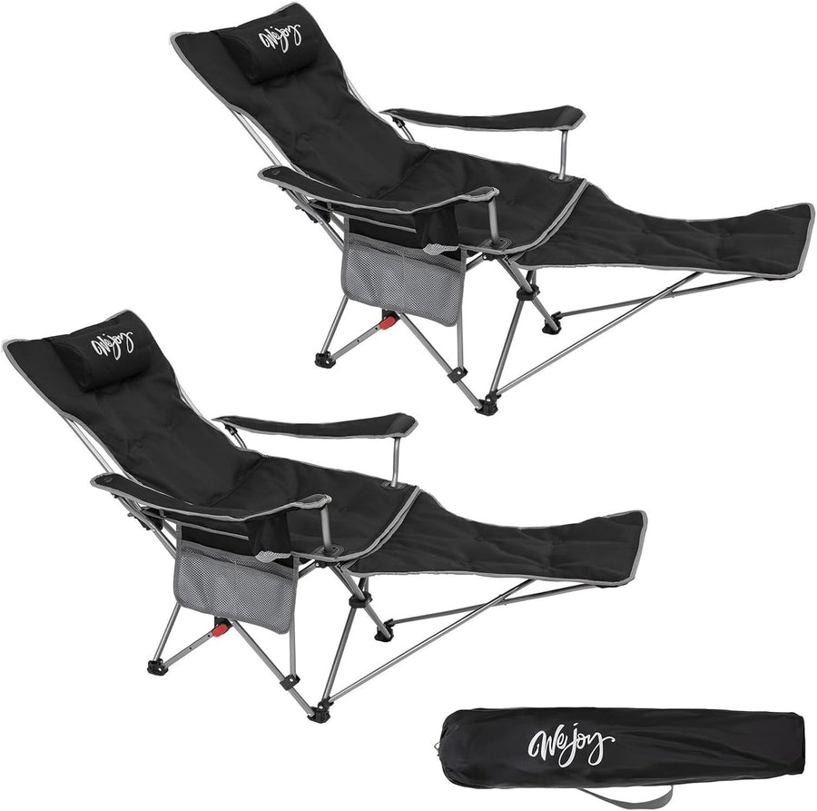 2x Padded Reclining Folding Camping Chairs Footrest Cup Holder Black