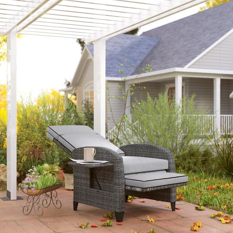Rattan Recliner Garden Chair – Cushioned PE Wicker Seat w/ Footrest & Tray