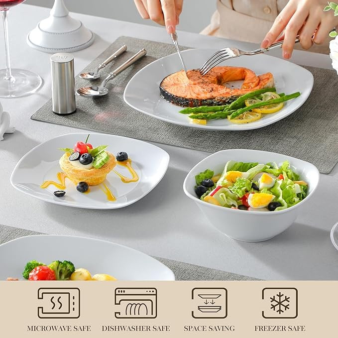 12 Piece White Dinner Set Plates Bowls Porcelain Square Chip Resistant for 4