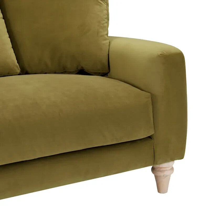 Olive Green Velvet 2 Seater Sofa Deep Scatter Cushions Feather-Filled Seat