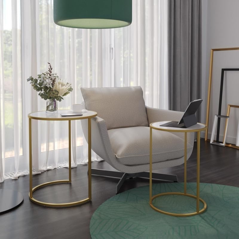 Set of 2 Round Nesting Coffee Tables Gold Legs Tempered Glass Metal Frame