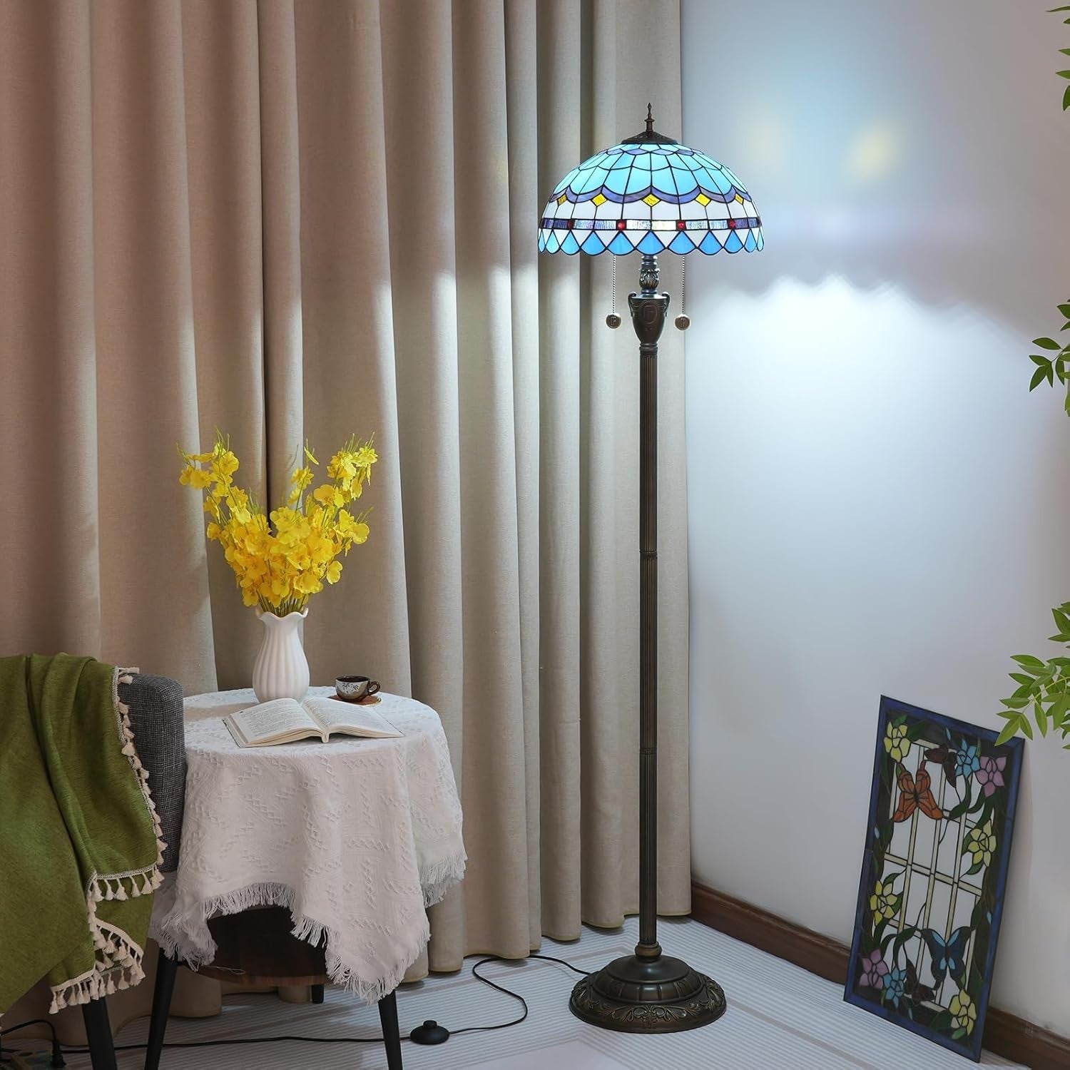 Blue Tiffany Floor Lamp with Stained Glass Shade & Foot Switch